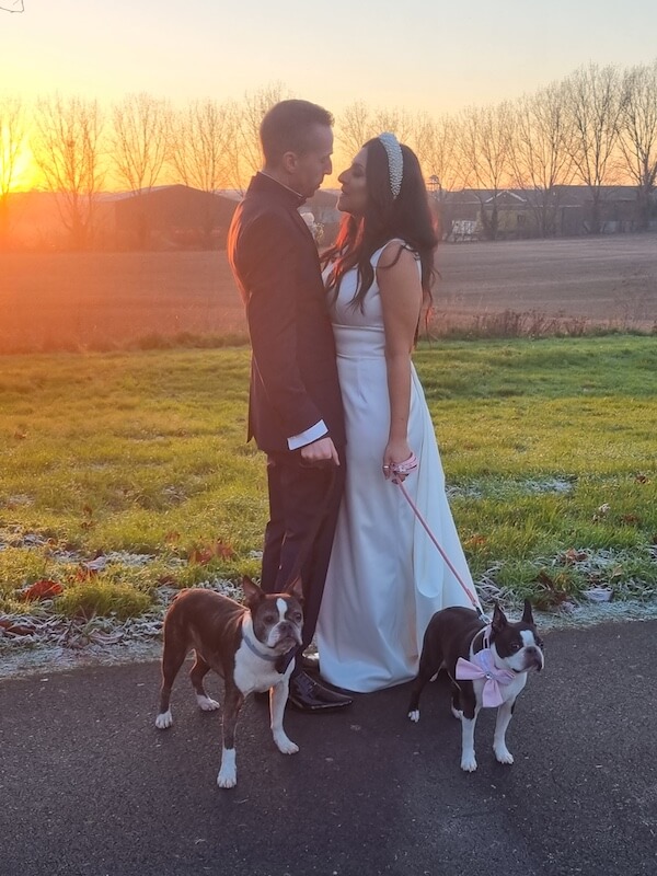 Wedding couple embracing whilst their dogs stand by their sides